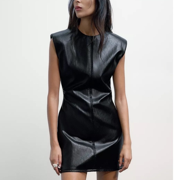 Zara NWT faux leather shoulder padded mink dress - Picture 7 of 13